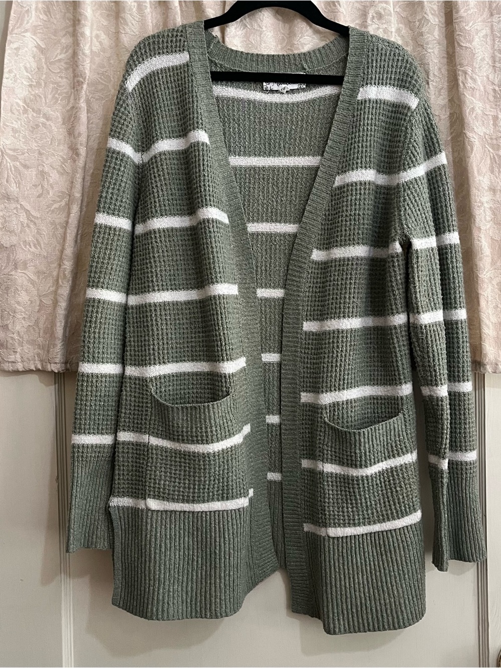 Open-Front Olive Green Striped Women's Cardigan